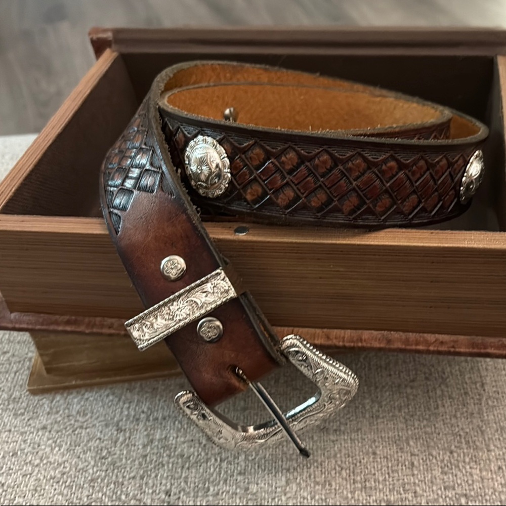Vintage Brown Leather Belt with Ornate Silver Buckle